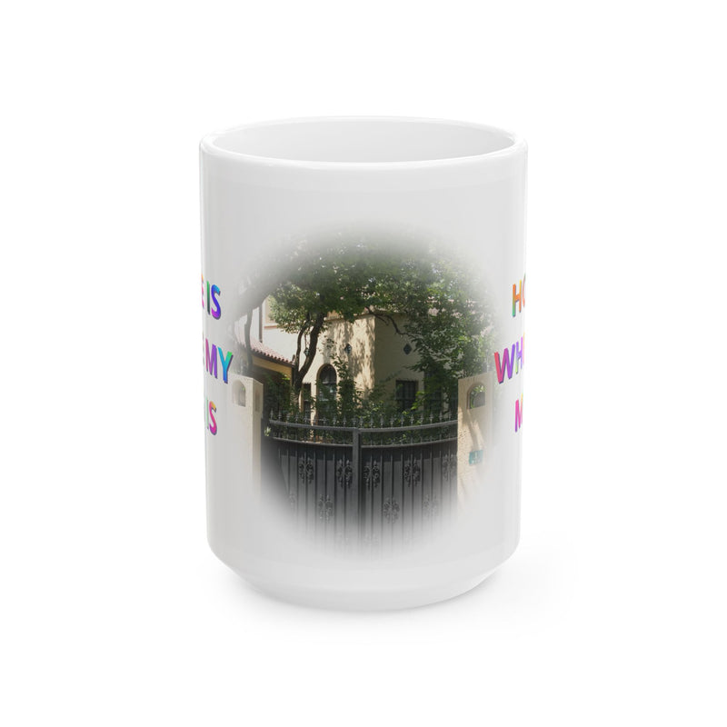 Sturdy 15oz Home Is Where My Mug Is | Ceramic Coffee Mug on a tray next to minimalist home decor items in a room.