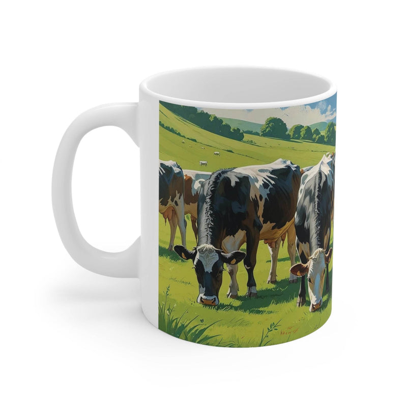 Idyllischer 325ml Keramik Kaffeebecher mit einem ruhigen Almmotiv mit grasenden Kühen auf der Bergweide für Naturfans.