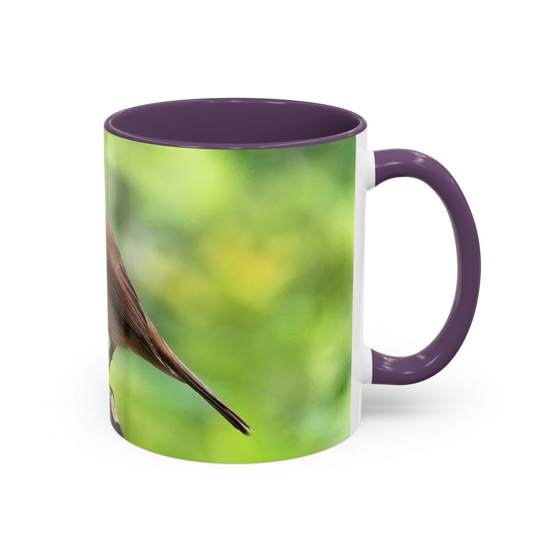 Stately Robin Ceramic Mug 325ml with Purple handle and interior — elegant purple interior nature mug.