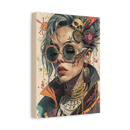 Steampunk Portrait Matte Canvas Art – Edgy Sunglassed Woman Wall Decor