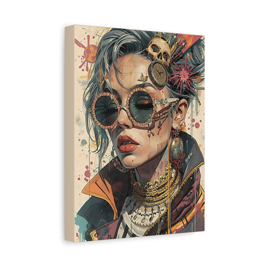 Steampunk Portrait Matte Canvas Art – Edgy Sunglassed Woman Wall Decor