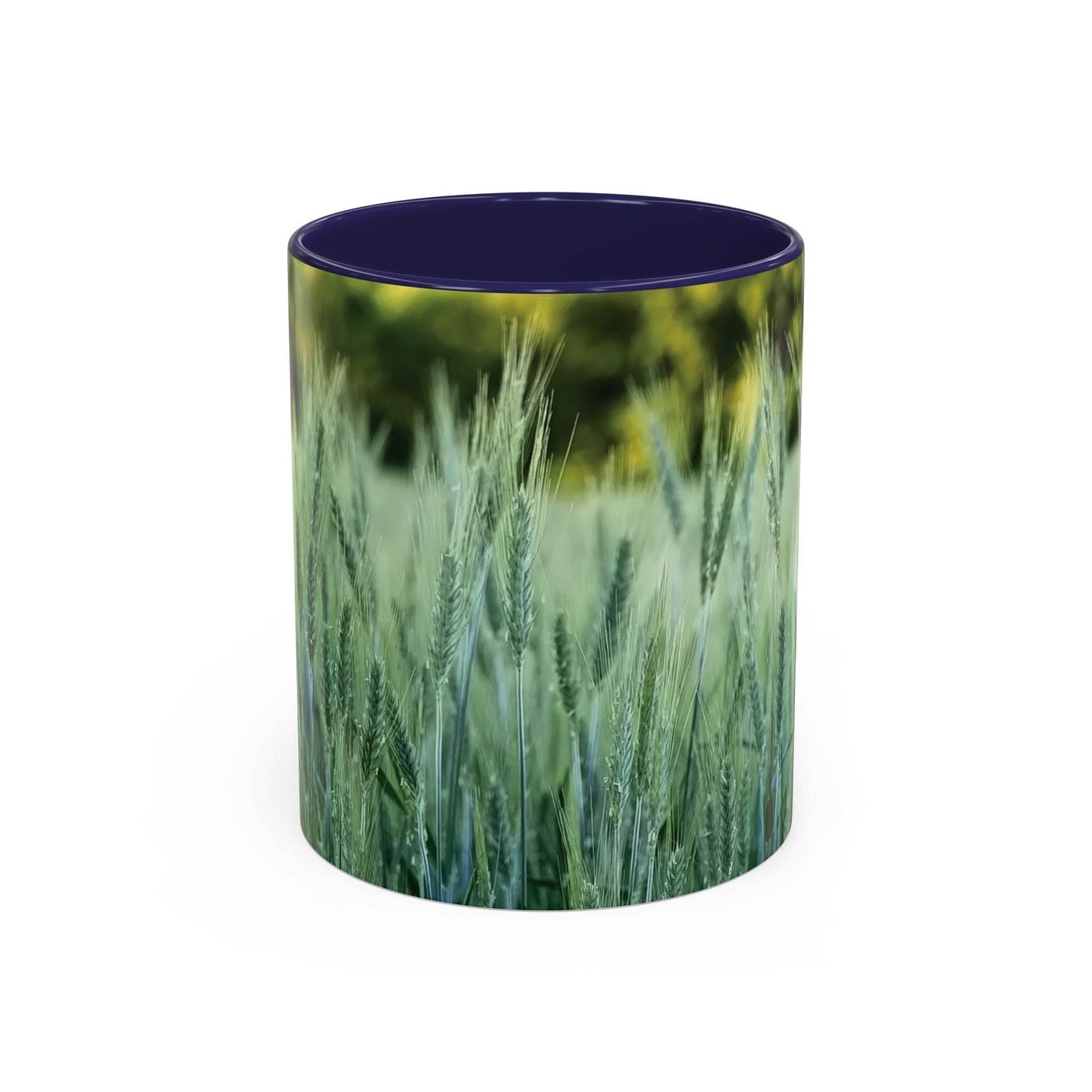 Schöner 325ml Natur-Becher mit Weizenfeld-Druck, gestaltet mit einem tiefen marineblauen Henkel und marineblauer Innenseite.