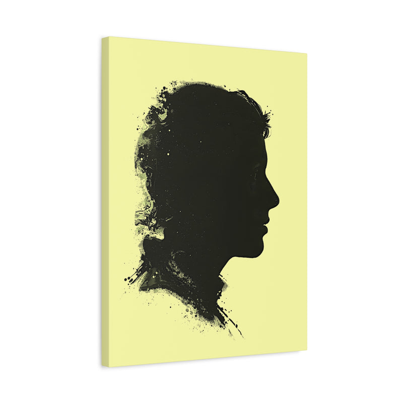 Silhouette Portrait Canvas Print — Vintage Black Profile on Soft Yellow Matte