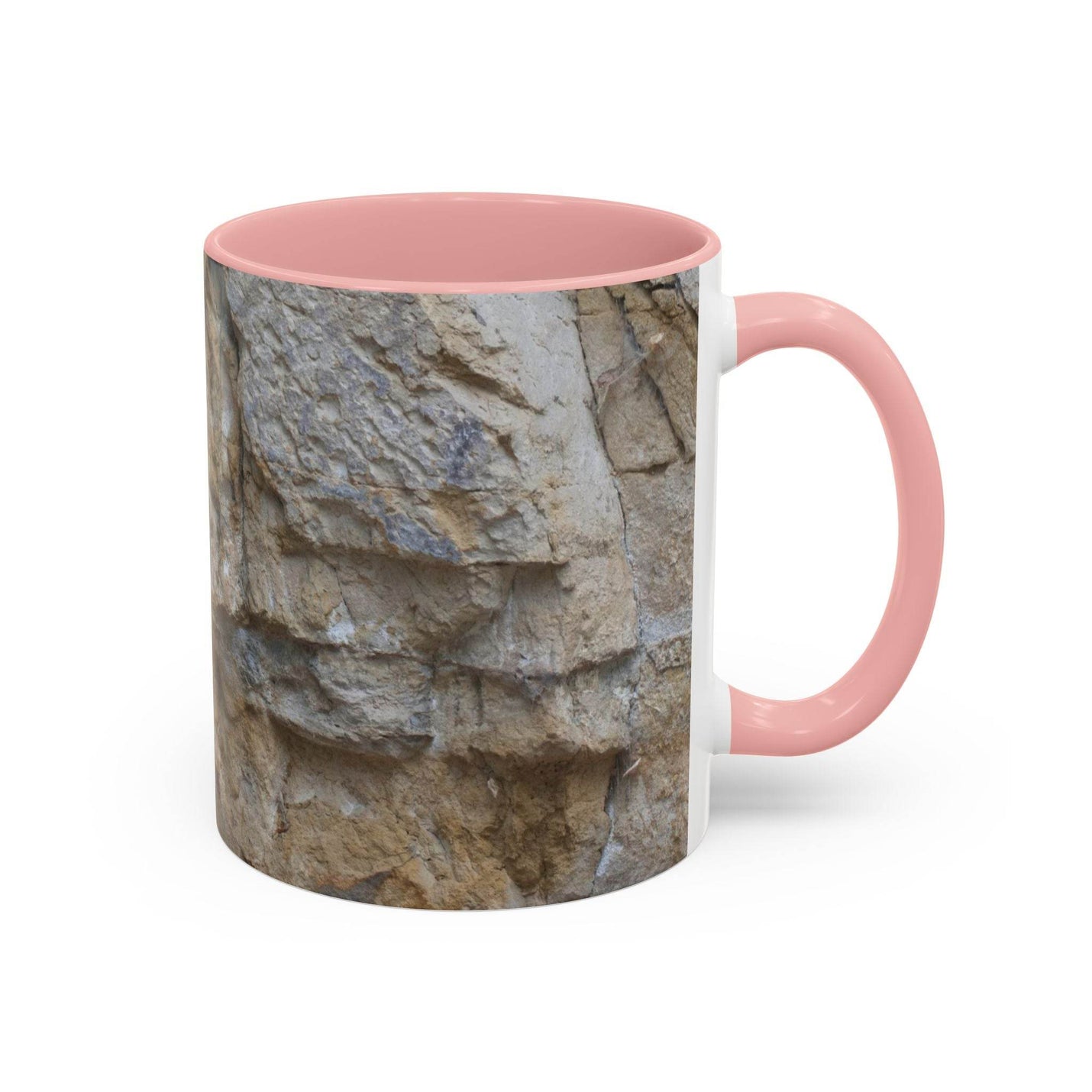 Premium 325ml Wanderer Kaffeebecher mit Bergabenteuer-Grafik, vollendet mit rosa Henkel und passender rosa Innenseite.