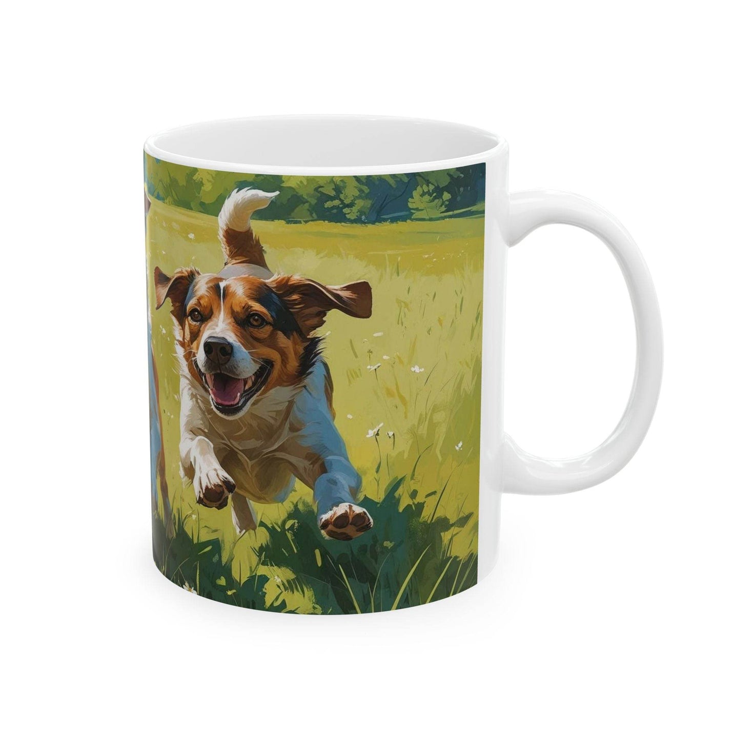 Premium 11oz dog themed Mug - Running Dogs in a Meadow Coffee Mug filled with warm beverage on a rustic dining table.