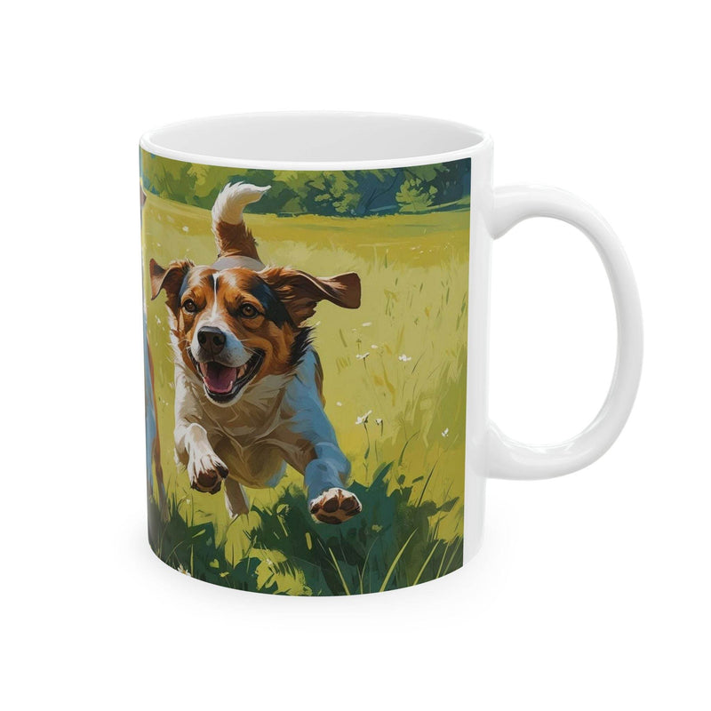 Premium 11oz dog themed Mug - Running Dogs in a Meadow Coffee Mug filled with warm beverage on a rustic dining table.