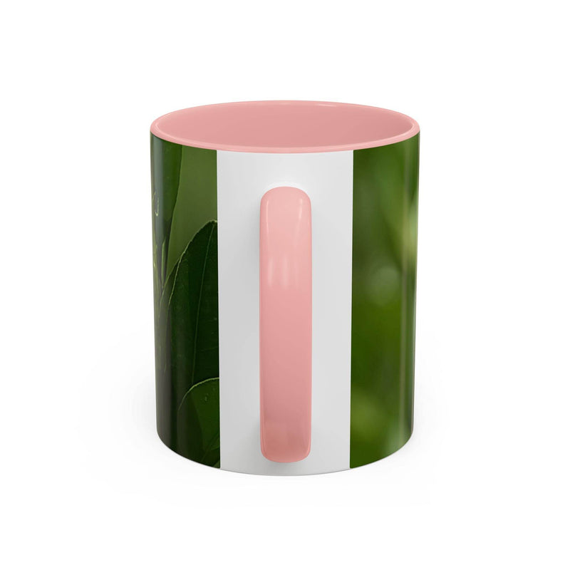 Keramik Kaffeebecher mit Früchten, 325ml groß, aufgewertet mit einem rosa Henkel und einer rosa Innenseite.