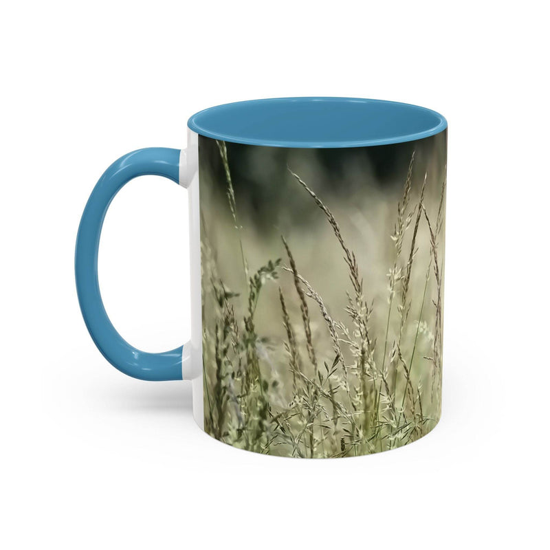 Ein 325ml blühendes Gras Keramik-Becher mit einem hellblauen Henkel und einer hellblauen Innenseite für ruhige Momente.