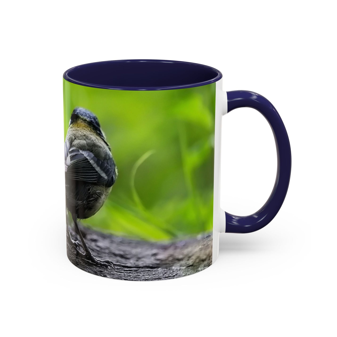 Premium 325ml coal tit nature photo mug featuring a navy handle and navy inside.
