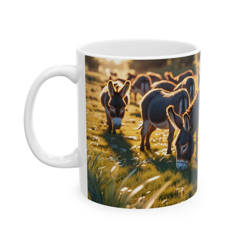 Charming 11oz ceramic Mug - Grazing Donkeys Ceramic Coffee Mug with farm animal art on a modern wooden kitchen counter.