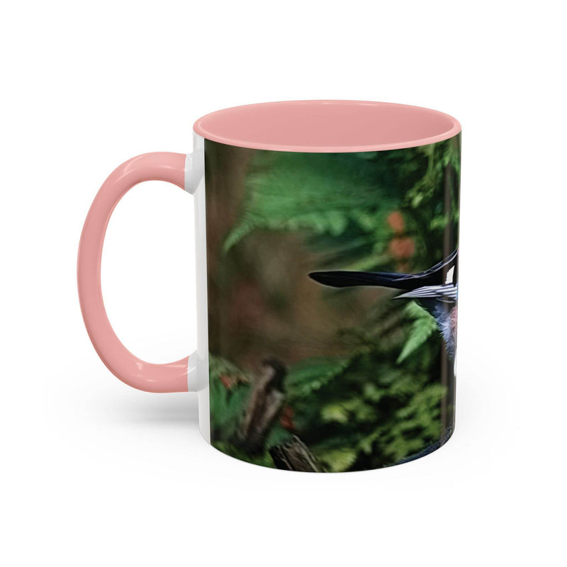 Vogelliebhaber Becher 325ml mit buntem Eichelhäher und rosa Griff.