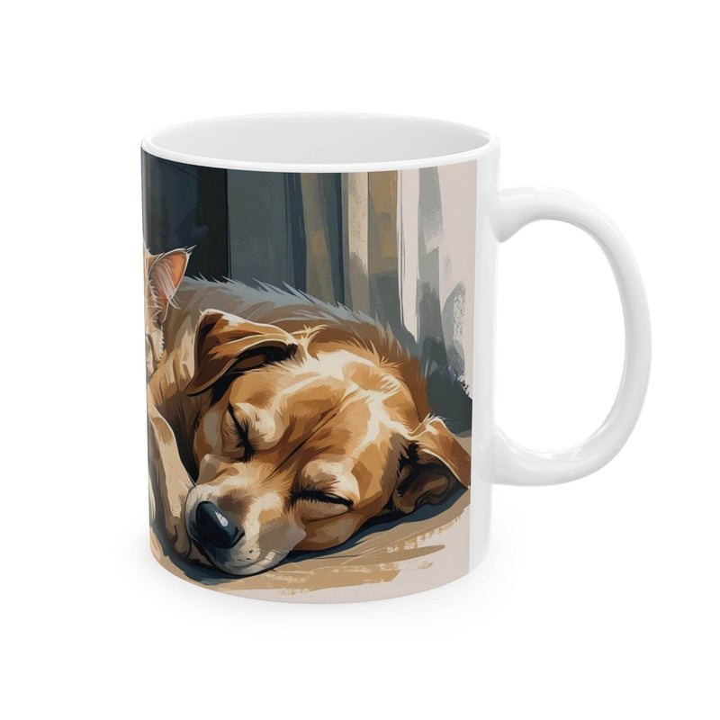 Premium 11oz pet themed Mug - Cozy Companions Mug filled with hot beverage on a rustic dining table.