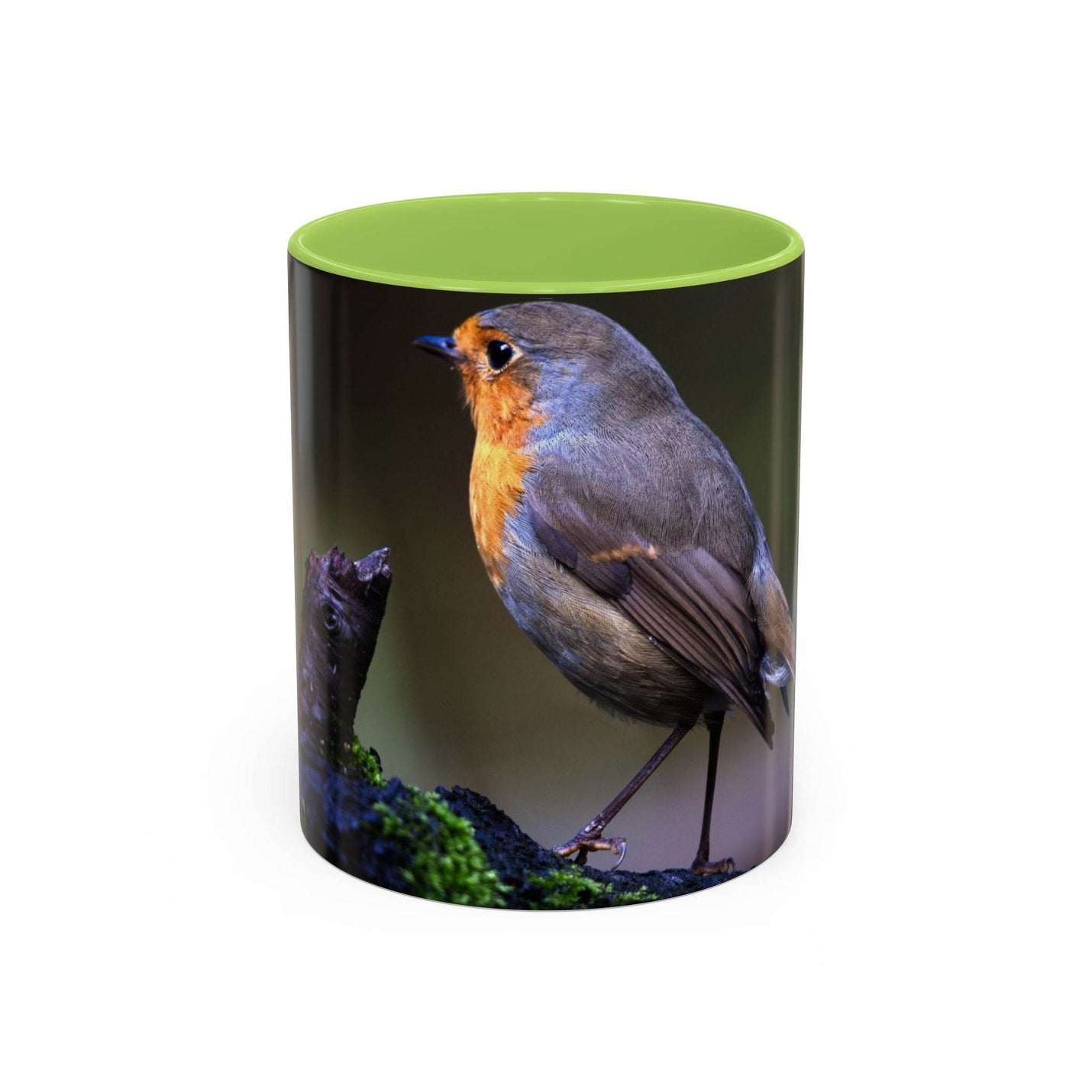 325ml robin coffee mug featuring a light green handle and inside.