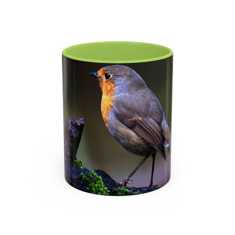 325ml robin coffee mug featuring a light green handle and inside.