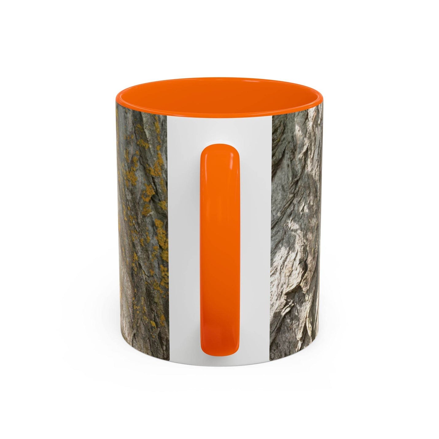 325ml Becher für Naturbegeisterte mit einem urigen Baumstamm-Design sowie einem orangen Henkel und orangem Innenraum.