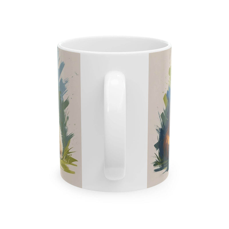 Cozy lifestyle view of a 11oz Colorful Cat with Cute Little Kittens Coffee Mug placed near a bright cottage window.