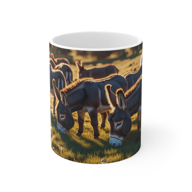Farbenfroher 325ml Becher im grasende Esel Design aus glänzender Keramik, der für Schwung am Frühstückstisch sorgt.