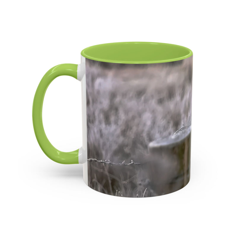 Rustic robin nature coffee mug 325ml with light green handle and inside.
