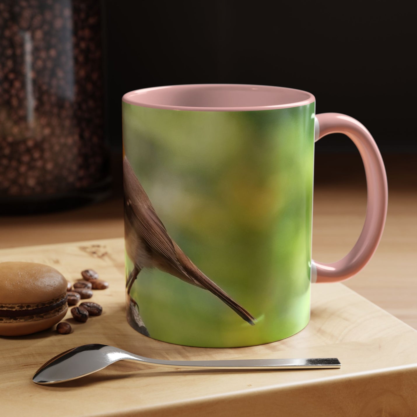 Stately Robin Ceramic Mug 325ml with Pink handle and interior — decorative nature mug with pink inside.