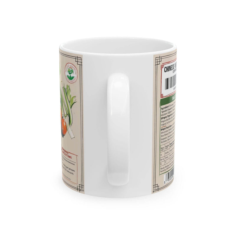 Cozy lifestyle view of a 11oz Coffee Mug - Tasty Chinese Vegetable Soup Design by a bright, sunlit window.