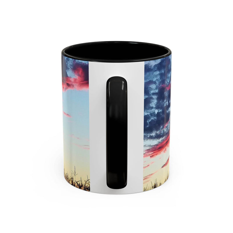 Lebendiger 325ml Sonnenuntergang Keramik-Becher, ideal fürs Homeoffice, mit marineblauem Henkel und marineblauer Innenseite.