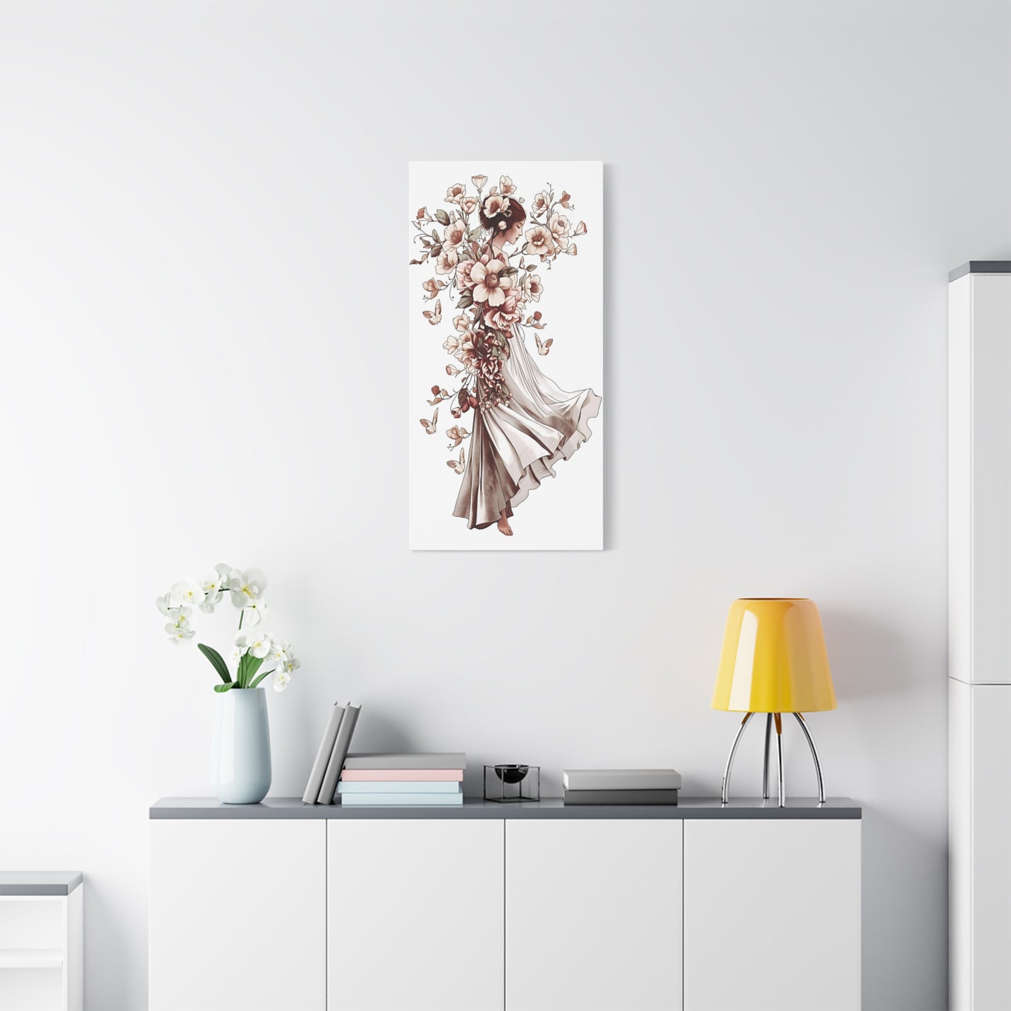 Poetic sepia dancer woven from flowers: 20″ x 40″ | 50.80 cm x 101.60 cm canvas print with Depth 1.25″ | 3.18 cm.