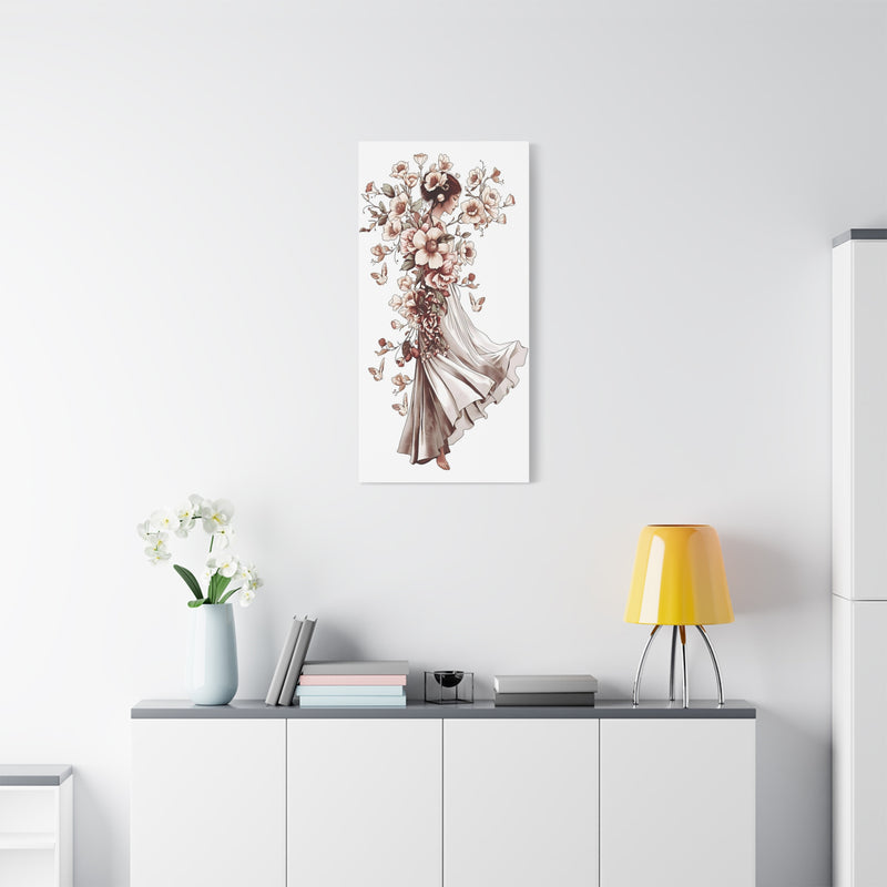 Poetic sepia dancer woven from flowers: 20″ x 40″ | 50.80 cm x 101.60 cm canvas print with Depth 1.25″ | 3.18 cm.