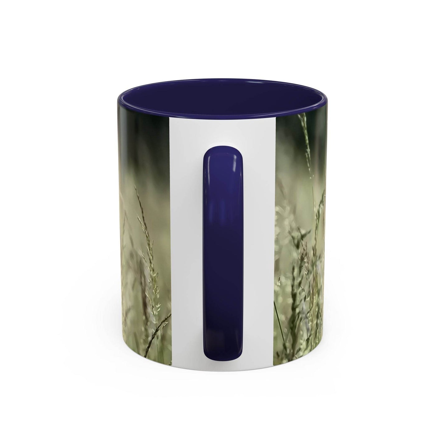 Premium 11oz Mug, Flowering Grass - Bring Nature Inside on a tray, featuring a navy handle and navy inside.