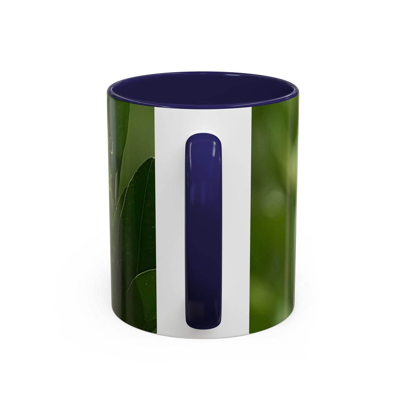 Premium 11oz Fruit Mug on a stand, featuring a navy handle and navy inside for beautiful home decor.