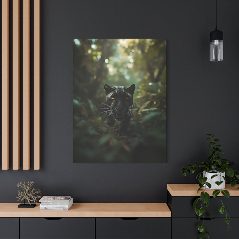 Atmospheric 36″ x 48″ | 91.44 cm x 121.92 cm panther portrait wall art on a 1.25″ | 3.18 cm deep glare-free canvas.