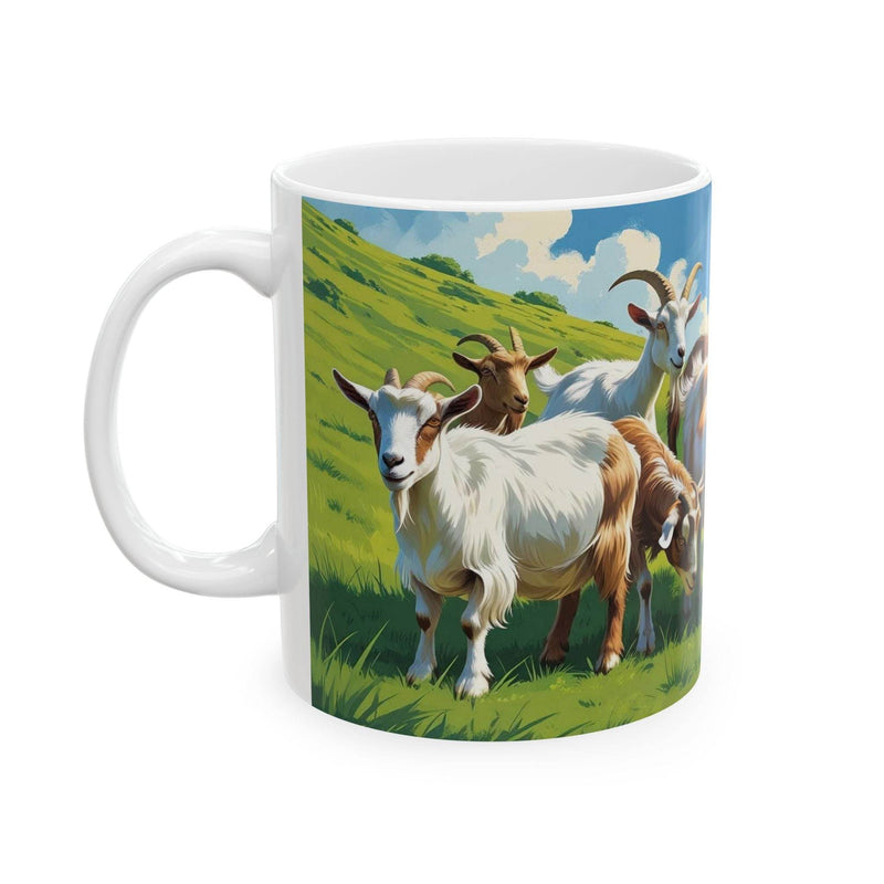 Charming 11oz ceramic Mug - Goats on a Mountain Pasture, Ceramic Coffee Mug showing grazing goats on a modern wooden counter.