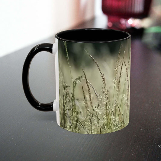 Ceramic mug with flowering grass design, ideal for nature lovers and garden enthusiasts.