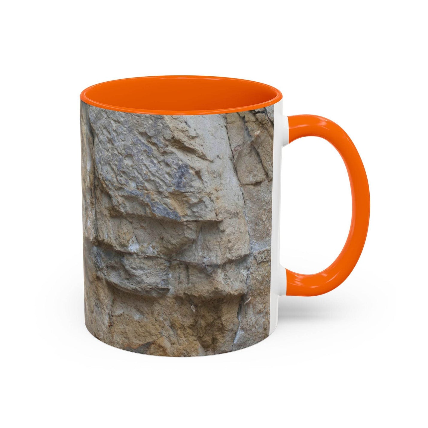 Premium 11oz Rocky Mug, Mountain Lovers, Danger of Falling Rocks for outdoor lovers, featuring an orange handle and inside.
