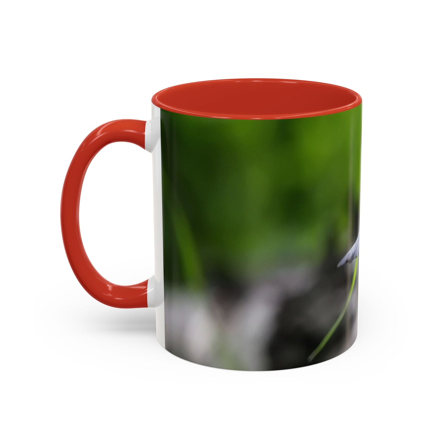 325ml nature-inspired bird photography coffee mug with a red handle and red inside.