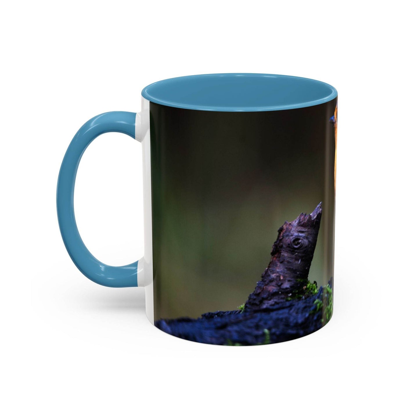 Nature-inspired 325ml robin mug with light blue inside and handle.