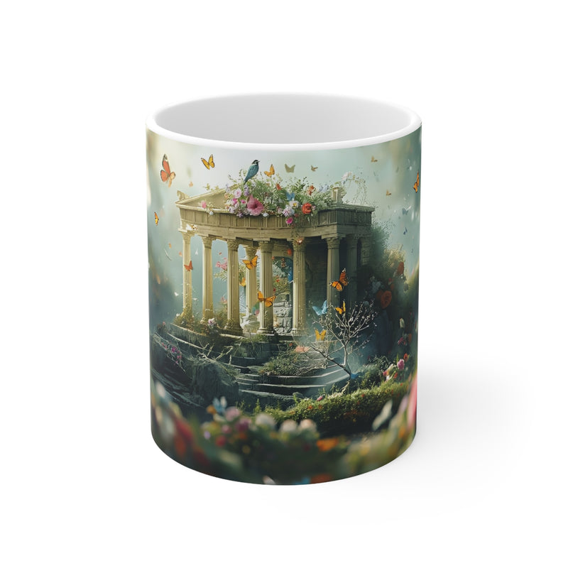 Premium 325ml ceramic mug featuring an enchanted garden temple scene with ancient stone columns and colorful butterflies.