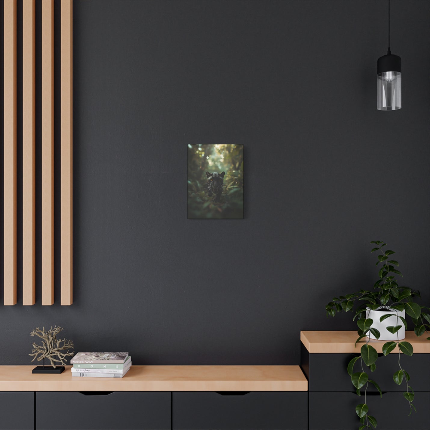 Atmospheric 12″ x 16″ | 30.48 cm x 40.64 cm panther portrait wall art on a 1.25″ | 3.18 cm deep glare-free canvas.