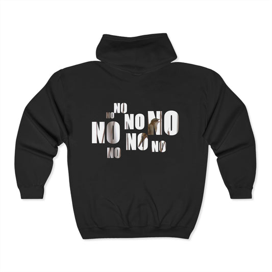 Unisex Heavy Blend™ black hoodie with "Yes and No" print design.