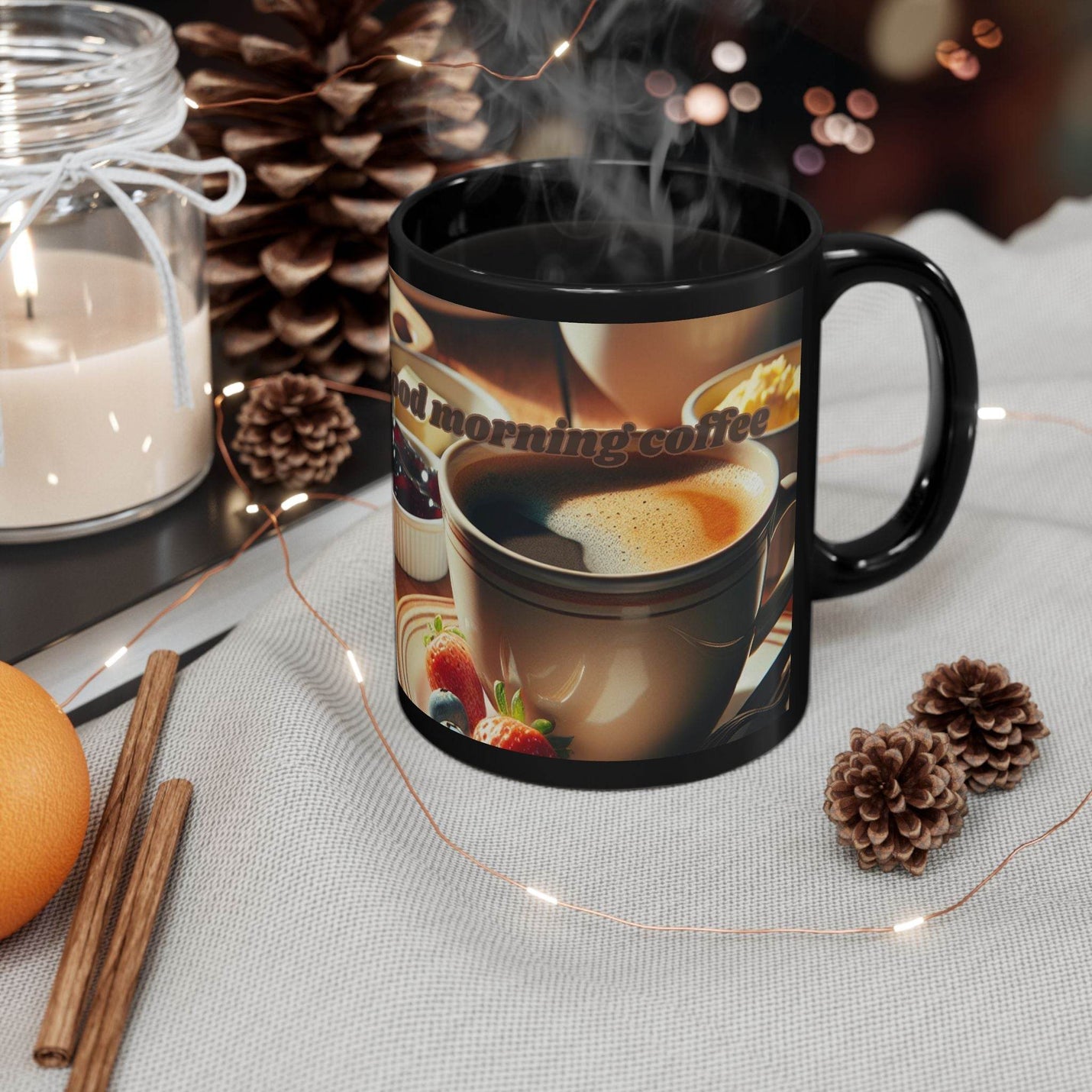Microwave and dishwasher safe 11oz black ceramic mug adding charm and elegance to your kitchen workspace decor.