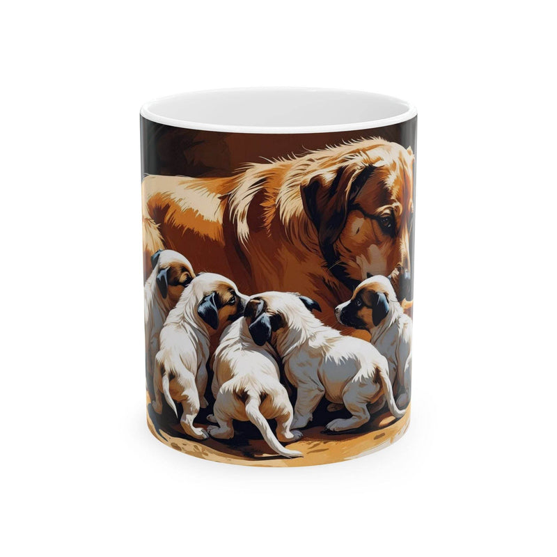 Charming 11oz ceramic Mug - Dog with Puppies Ceramic Coffee Mug showing an adorable canine family on a rustic wooden counter.