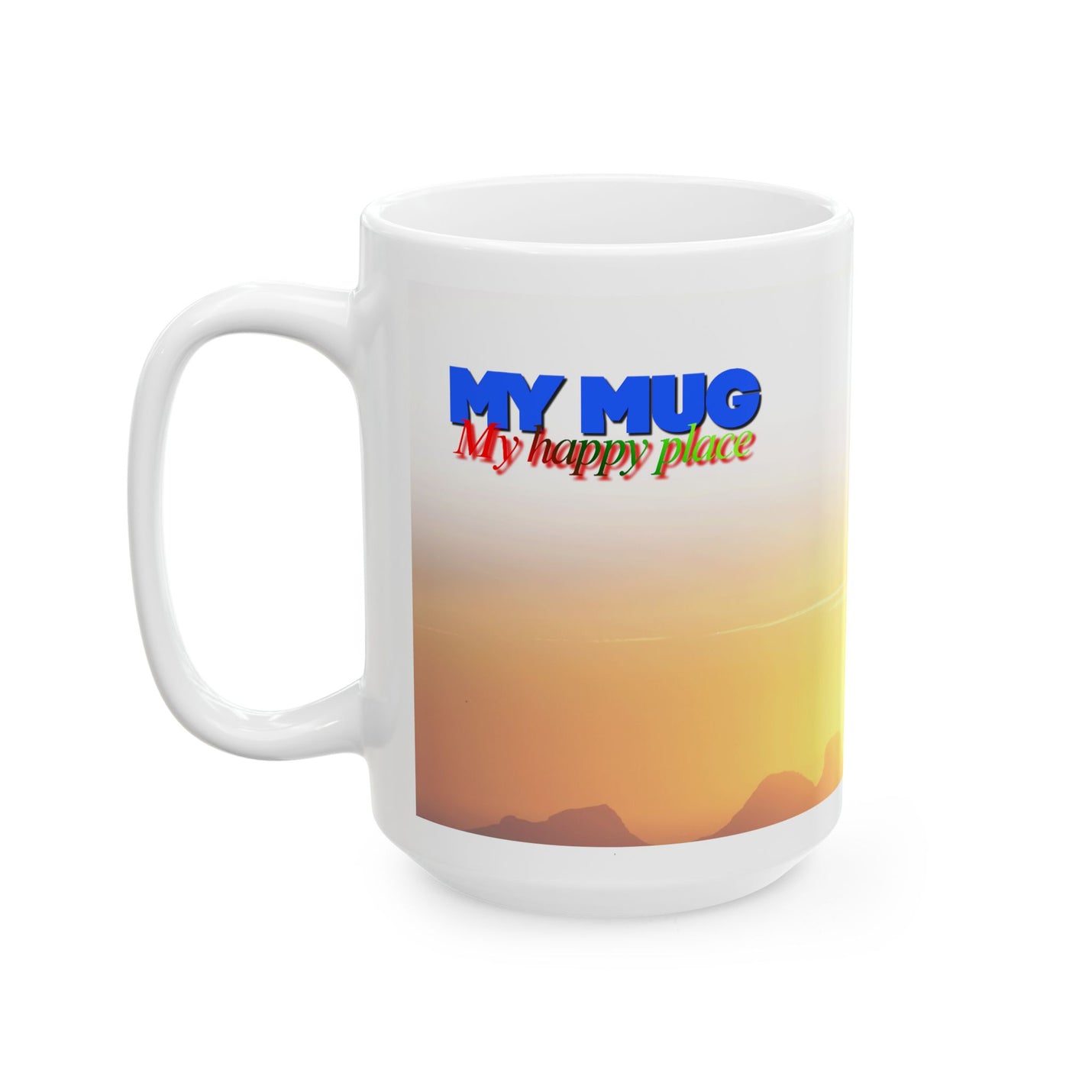 Large 15oz My Mug 'My Happy Place' Ceramic Coffee Mug — Midnight Sun Scenic showing apricot tones on a rustic houten table.