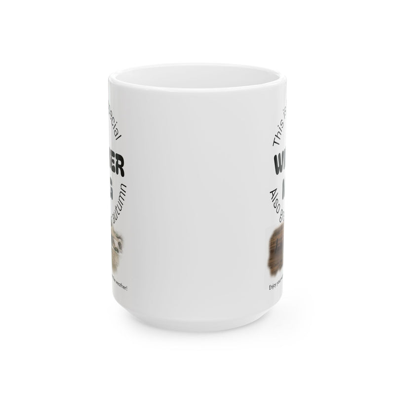Cozy lifestyle view of a 15oz Summer | Winter Mug, Ceramic Coffee Mug held by hand in a bright morning setup.