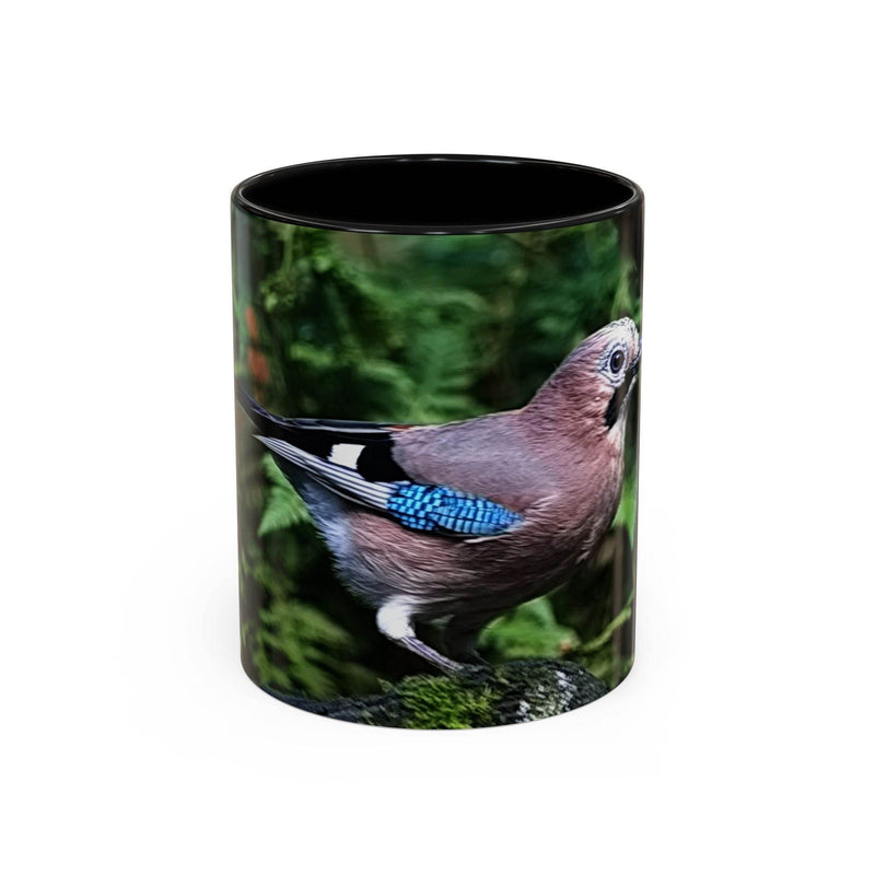 11oz colorful jay coffee mug with a black handle and black inside.
