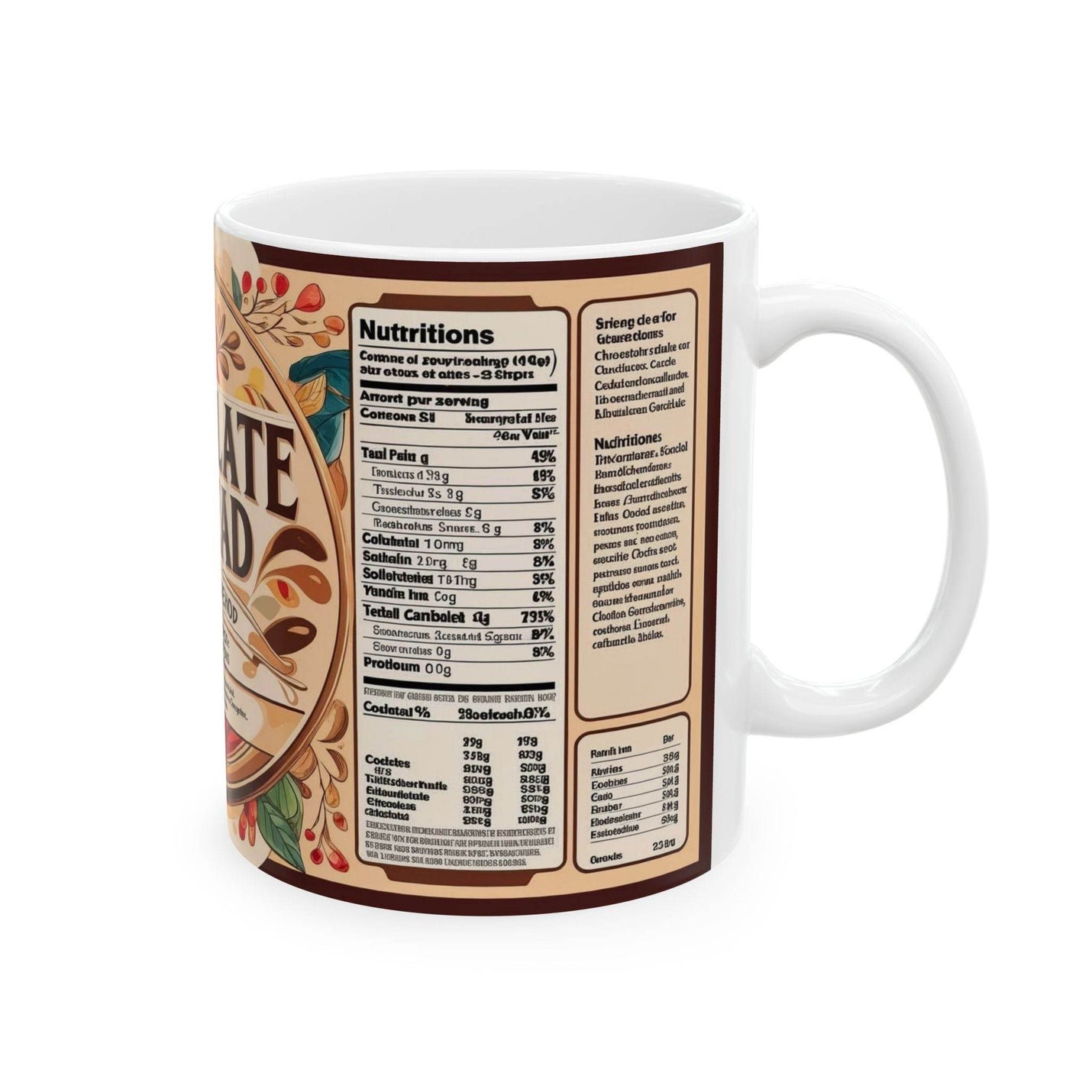 Premium 11oz sweet themed Mug - Chocolate Spread Design Ceramic Coffee Mug filled with warm morning coffee on a dining table.