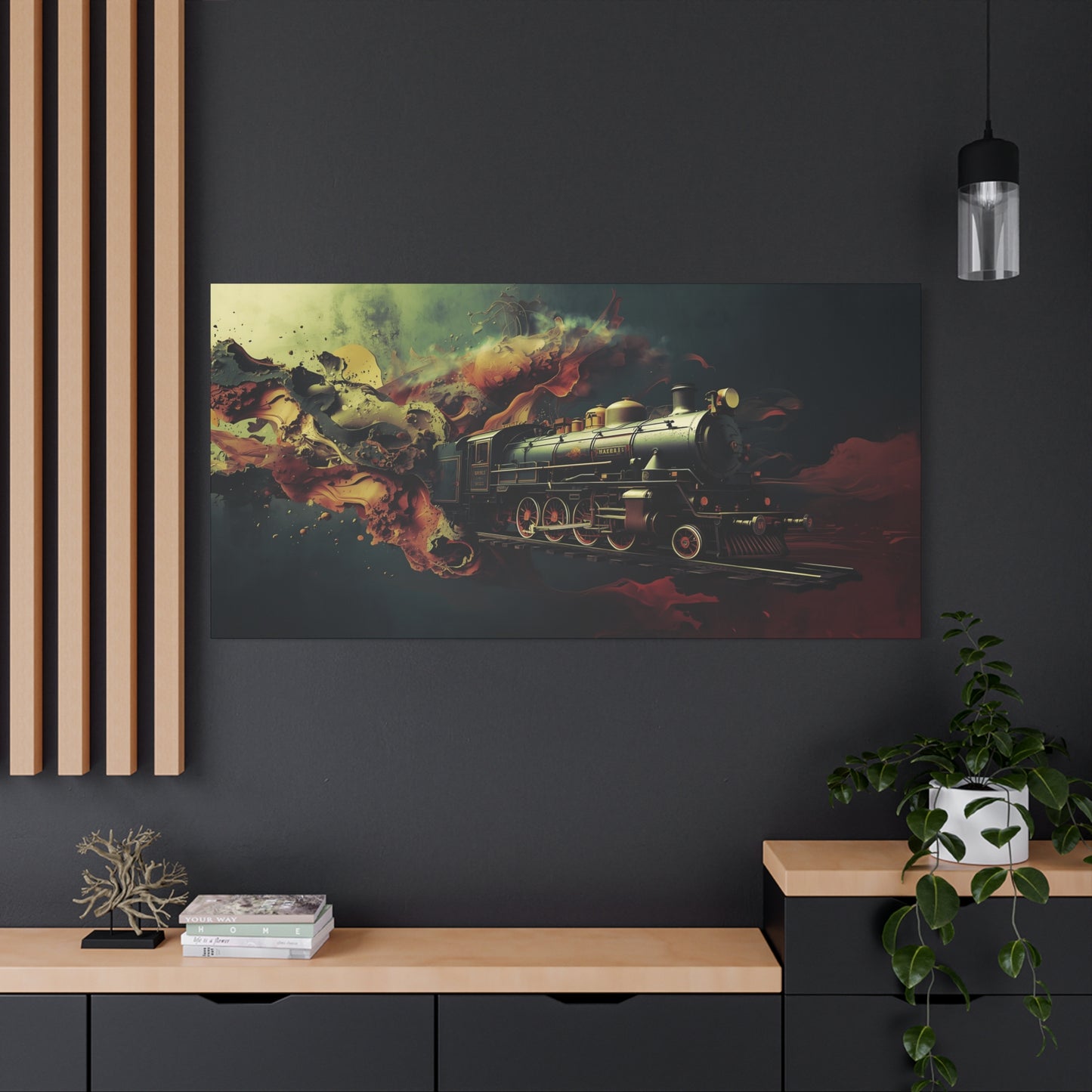 Steam Locomotive Wall Art Canvas — Vintage Train in Fiery Smoke