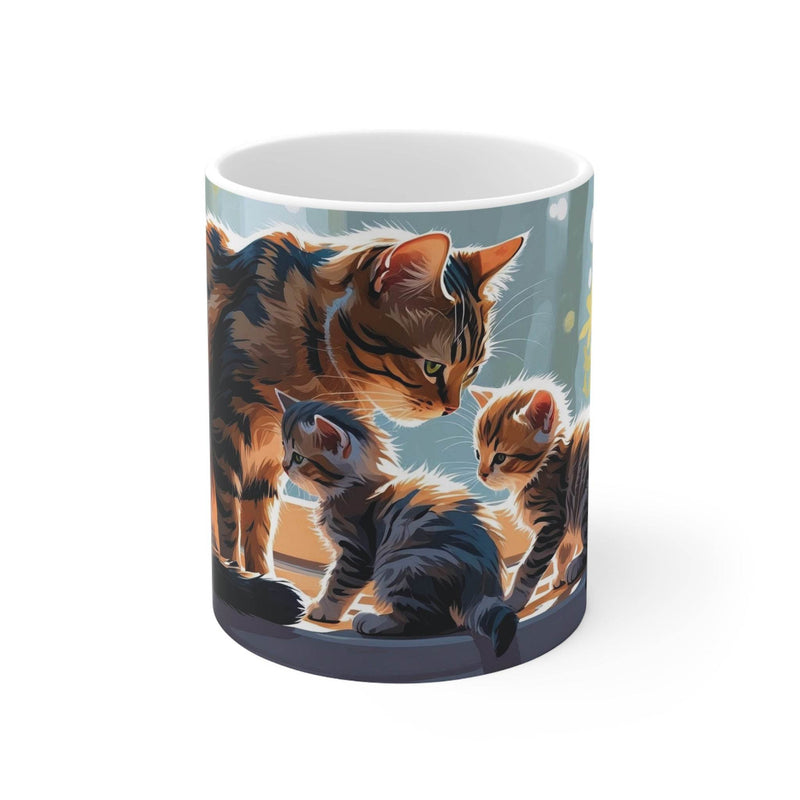 Bezaubernder 325ml gemütliche Katzenfamilientasse Becher aus Keramik mit einer herzerwärmenden Katzenmutter und ihren Kätzchen.