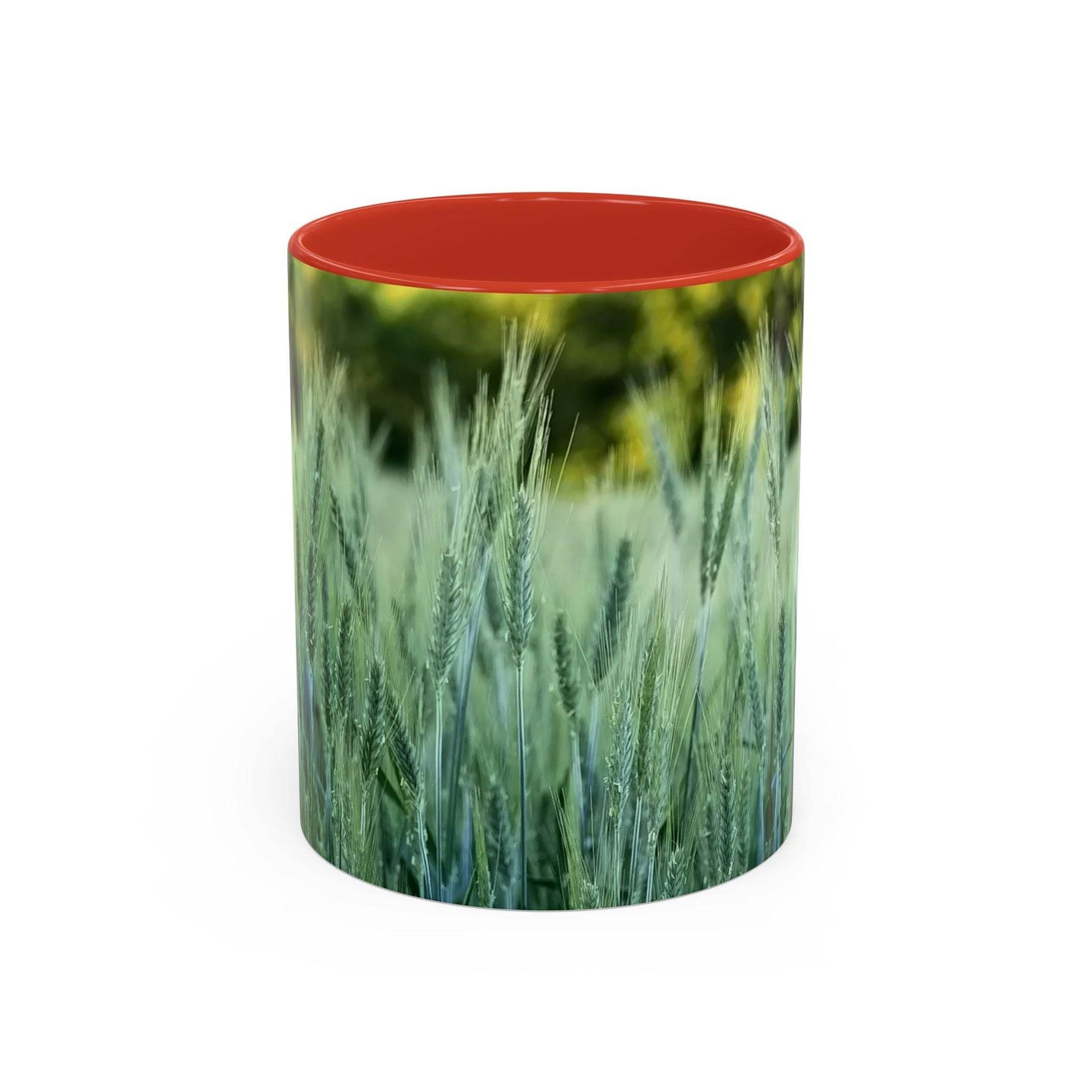 Cozy lifestyle view of 11oz Mug - Wheat Field Design Coffee Mug styled with a red handle and red inside.