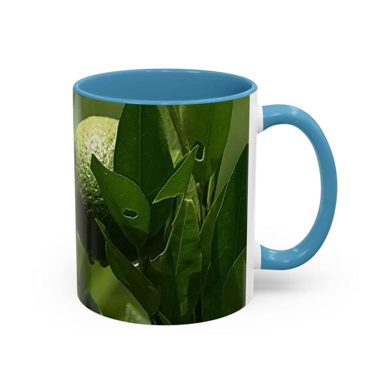Farbenfroher Kaffebecher mit Früchten in der Größe 325ml, ausgestattet mit einem hellblauen Henkel und hellblauer Innenseite.