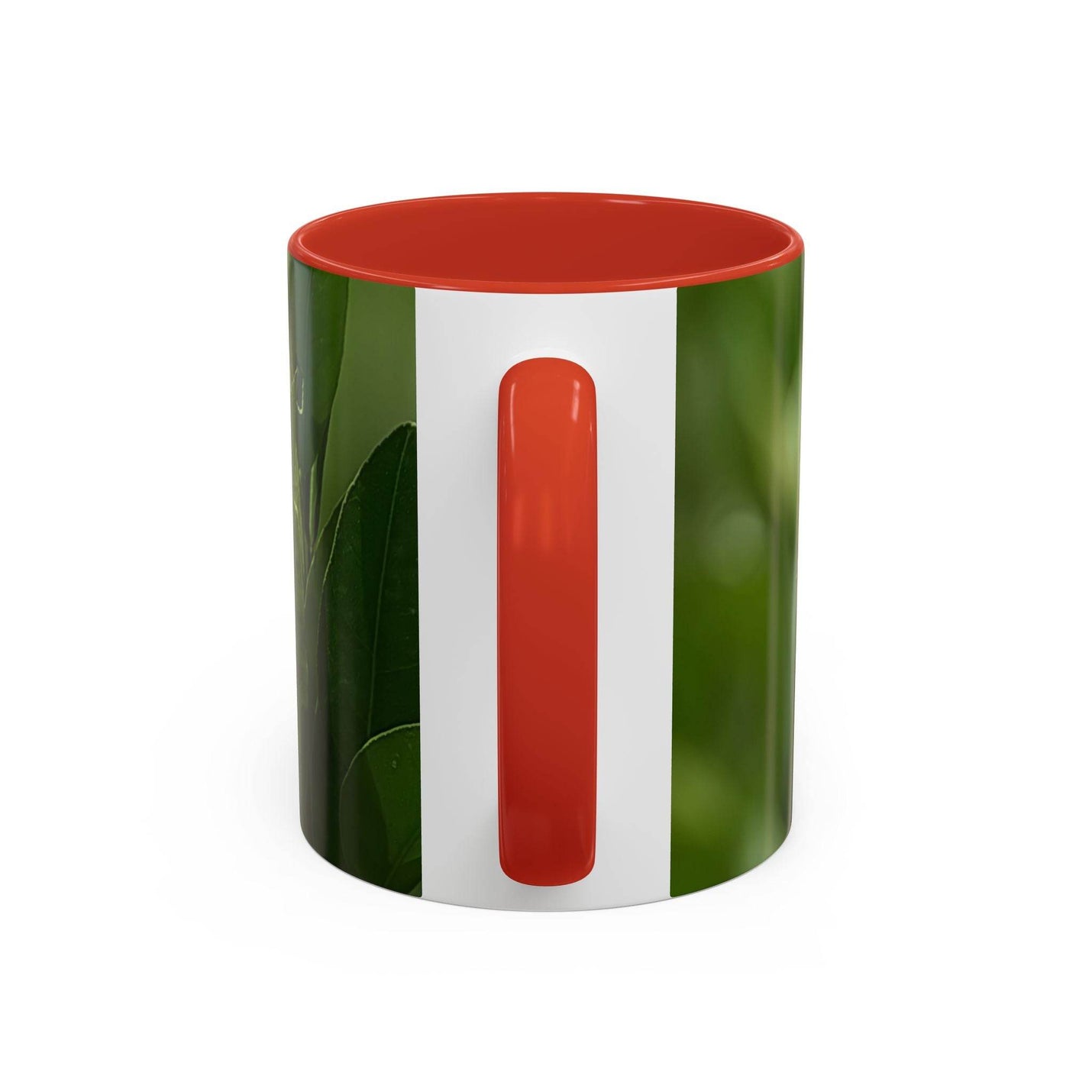 Premium 11oz Fruit Mug on a table mat, featuring a red handle and red inside during breakfast time.