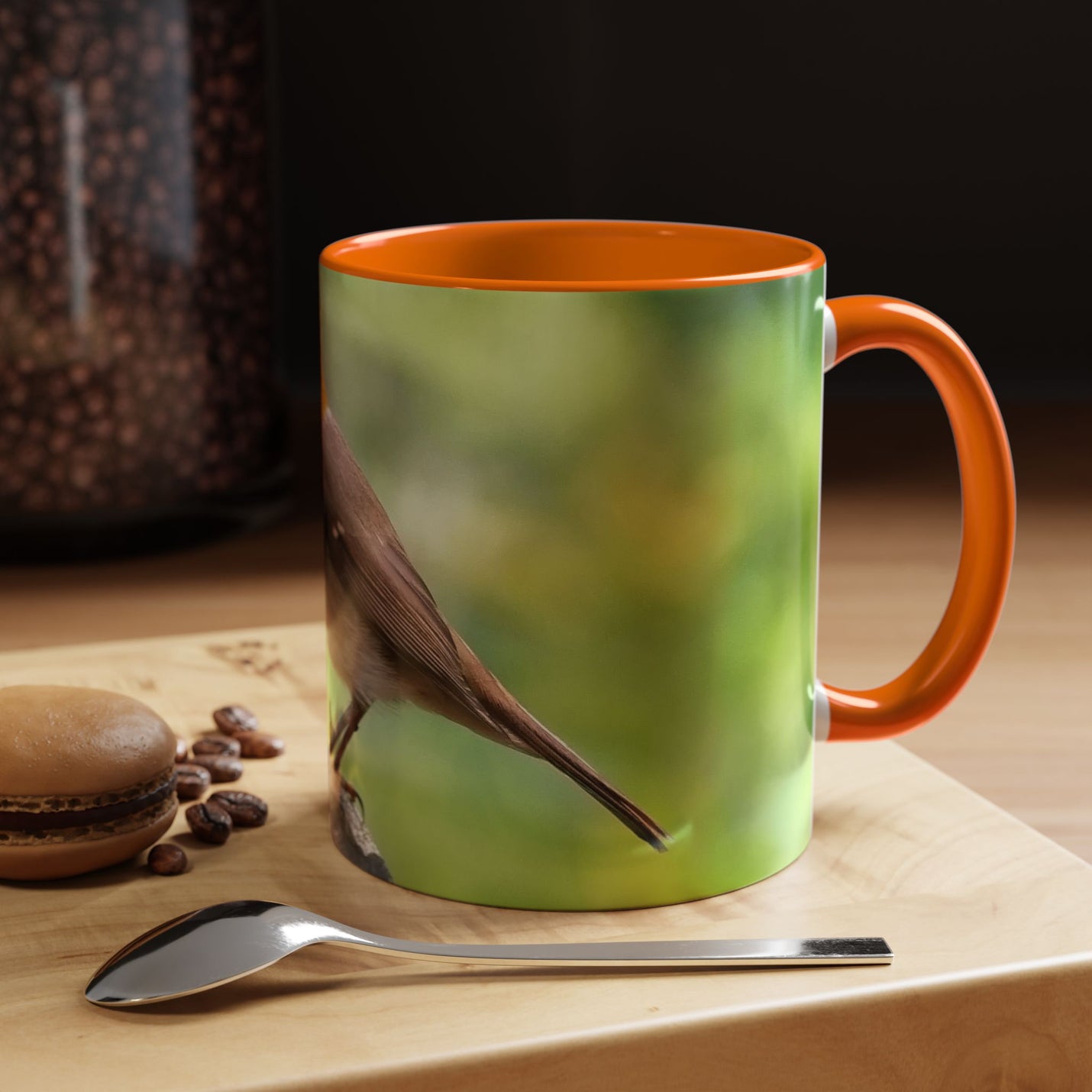 Stately Robin Ceramic Mug 325ml with Orange handle and interior — artistic bird print on orange handle mug.